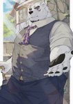 anthro clothing eyebrows formal_clothing fur male offering_hand offering_hand_to_viewer pawpads purple_eyes solo thick_eyebrows topwear vest white_body white_fur 44odosi lifewonders live_a_hero borealis_(live_a_hero) bear mammal polar_bear ursine hi_res