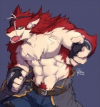 5_fingers abs anthro belt biceps bottomwear chest_tuft claws clothed clothing eye_patch eyewear fingers fur looking_at_viewer male muscular muscular_anthro muscular_male open_mouth pants pecs pose red_body red_fur simple_background solo teeth topless tuft yellow_eyes rpbbw canid canine canis mammal wolf