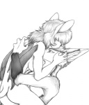 ambiguous_gender anthro duo female fur hair interspecies kissing kissing_forehead love membrane_(anatomy) membranous_wings nude romantic romantic_couple simple_background wings sarahpixen grim_(sarahpixen) tonya_hearting bat mammal greyscale monochrome