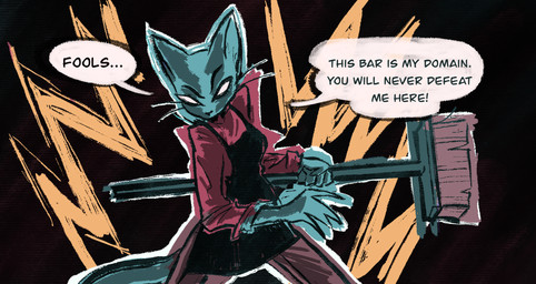 anthro apron blue_body blue_fur broom claws cleaning_tool clothing comic_panel dialogue empty_eyes female fur power-up simple_background solo speech_bubble text threatening_with_weapon vanilla_candy domestic_cat felid feline felis mammal comic english_text hi_res restricted_palette