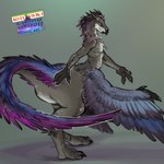 3_fingers dark_hands feathered_tail feathered_wings feathers fingers grey_body long_tail looking_back nude purple_body purple_feathers simple_background tail wings larru-larru capcom monster_hunter scalie seikret taur 1:1