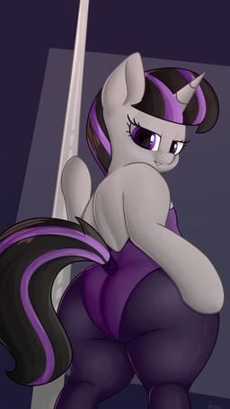 bedroom_eyes big_butt butt clothing female feral half-closed_eyes horn leotard narrowed_eyes pole seductive solo spandex tight_clothing andelai hasbro my_little_pony mythology fan_character equid equine mammal mythological_creature mythological_equine unicorn 9:16 absurd_res hi_res