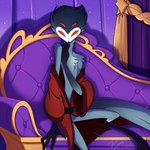 anthro clothing flirting fluffy male robe solo katscratch helluva_boss stolas_(helluva_boss) avian bird demon 1:1