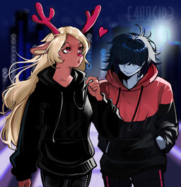 ambiguous_gender anthro antlers black_clothing black_hair blonde_hair brown_body brown_fur call_of_the_frostmancer city city_background clothing female female/ambiguous fur grey_body hair hoodie horn night red_antlers red_eyes the_player_(call_of_the_frostmancer) topwear f4kqcid3 deltarune undertale_(series) noelle_holiday vessel_(deltarune) deer humanoid mammal new_world_deer vessel_(species) absurd_res hi_res