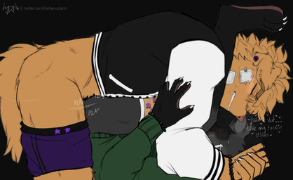 anthro bandage bandage_on_face black_hair bodily_fluids bracelet clasped_hands claws clenched_teeth clothed clothing dirty_talk duo ear_piercing feet from_front_position fur gauged_ear grey_body grey_fur hair hoodie jacket jewelry letterman_jacket male male/male mating_press onomatopoeia partially_clothed pattern_clothing pattern_underwear pawpads piercing pink_nose plap profanity sex sound_effects sweat tail teeth text topwear underwear underwear_down yellow_body yellow_fur cerberussenn kirby_(series) nintendo hendery_sabine_(cerberussenn) holland_mcintyre_(cerberussenn) kirby bird_dog canid canine canis domestic_dog golden_retriever hunting_dog mammal procyonid raccoon retriever absurd_res english_text hi_res