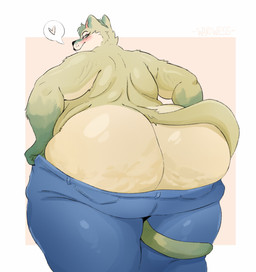 anthro back_fat bedroom_eyes big_butt blush bottomwear butt cellulite clothing denim denim_bottomwear denim_clothing fur green_body green_eyes green_fur hair heart_symbol huge_butt jeans makeup male narrowed_eyes overweight overweight_male pants presenting presenting_hindquarters seductive smile solo stretch_marks tail thick_thighs undressing wide_hips yellow_body yellow_fur wandwess felid feline mammal absurd_res hi_res