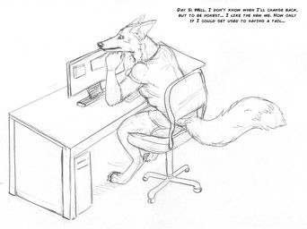 anthro barefoot bottomwear breasts clothed clothed_female clothing computer digitigrade dipstick_tail electronics feet female fur markings shorts sitting solo tail tail_markings text arania canid canine fox mammal english_text hi_res monochrome herm_(lore)