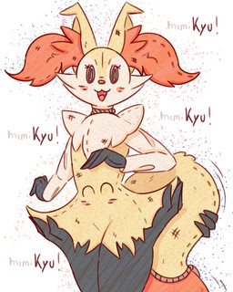 ambiguous_gender anthro blush blush_lines eyelashes eyes_closed fake_eyes happy inner_ear_fluff multicolored_body open_:3 open_mouth simple_background solo tail text tongue tuft se1t nintendo pokemon braixen generation_6_pokemon generation_7_pokemon mimikyu pokemon_(species) 2026 absurd_res english_text hi_res