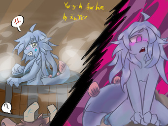 anthro male male/male hunt_wolf yu-gi-oh! beat_bladesman_fur_hire fur_hire helmer_helmsman_fur_hire aquatic duel_monster fish lagomorph leporid mammal rabbit 4:3
