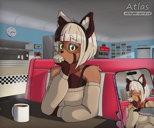 accessory anthro appliance arm_tuft arms_bent bangs beverage black_nose black_sclera blonde_hair blue_wall bob_cut booth_seating bra bra_strap brown_body brown_fur brown_hair calendar checkered checkered_wall chest_tuft claws clock clothed clothing coffee coffee_mug confusion countershade_torso countershading cracked_screen diner duo electronics eyewear facial_markings female first_person_view fridge fur furniture glasses grey_body grey_fur hair hair_accessory hairband hand_on_chin head_markings holding_object holding_phone inside kitchen_appliance looking_at_viewer markings mask_(marking) off_shoulder_shirt pawpads phone photo pink_pawpads pink_phone restaurant round_glasses shoulder_tuft sign sitting split_color_hair steam straight_bangs table tear_(marking) text tuft underwear yellow_eyes atlas_jkb anya_(atlas_jkb) rae_(atlas_jkb) ailurid domestic_cat felid feline felis mammal red_panda tabby_cat absurd_res english_text hi_res shaded watermark