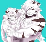 anthro biceps fur grin group male muscular muscular_anthro muscular_male smile striped_body striped_fur stripes trio ku_123k lifewonders tokyo_afterschool_summoners macan_(tas) nomad_(tas) protagonist_(tas) twink_protagonist_(tas) felid human mammal pantherine tiger hi_res