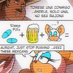 anthro beer_mug blue_eyes brown_body brown_skin deception dialogue drugs duo ellipsis facial_hair female half-closed_eyes imminent_drugging male mustache narrowed_eyes orange_body peer_pressure pills question_mark racism sleeping_pills speech_bubble text angelauxes sega sonic_the_hedgehog_(series) rouge_the_bat bat human mammal 1:1 english_text low_res spanish_text translated