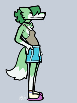 anthro bottomwear breasts choker clothing female flip_flops footwear fur green_body green_fur grey_clothing grey_shirt grey_tank_top grey_topwear hair hair_bun hair_over_eye hands_on_hips jewelry necklace sandals shirt shoes shorts side_boob side_view small_breasts socks solo tank_top topwear ncs gamecade_(ncs) nance_(ncs) canid canine canis mammal wolf hi_res