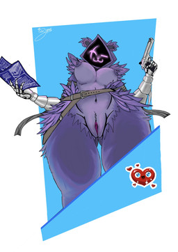 anthro areola belt breasts clothing ear_tuft feathers female fur fur_markings genitals gun headgear headwear holding_gun holding_object holding_ranged_weapon holding_weapon hood_up looking_at_viewer markings nipples nude one_eye_closed playful purple_body purple_fur ranged_weapon shadow_face solo thick_thighs tuft vulva weapon wide_hips wink winking_at_viewer slighoull epic_games fortnite raven_team_leader bear mammal absurd_res hi_res