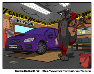 4_toes 5_fingers anthro bicycle black_claws black_snout border bucket car cardboard caution_stripes chest_tuft claws coffee_cup container cup detailed_background detailed_car drain eyes_closed face_shield feet fingers fur garage grey_body grey_fur hair inside lights male mask multicolored_body multicolored_fur notes nude oil oil_change outlet pointy_ears post-it_note prick_ears purple_car red_body red_fur solo standing text tinted_windows toes tools tuft two_tone_body two_tone_fur two_tone_tail vehicle welding_mask white_border wipe wiping_forehead wrench kemira subaru subaru_impreza redpawwolf1 canid canine canis mammal wolf 2019 artist_name digital_drawing_(artwork) digital_media_(artwork) url