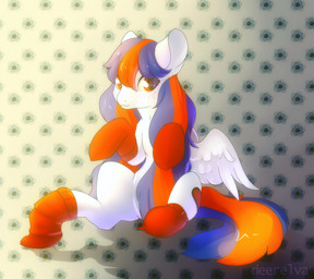 ambiguous_gender bloom blush clothing cutie_mark feral flower footwear freckles hair legwear long_hair long_mane looking_at_viewer pattern_background plant red_eyes simple_background sitting socks solo tail wings conditional_dnp elvche hasbro my_little_pony mythology fan_character equid equine mammal mythological_creature mythological_equine pegasus digital_media_(artwork)