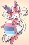 bow_(feature) egg female heart_symbol holidays multicolor pawpads simple_background solo thelasthope easter nintendo pokemon eeveelution generation_6_pokemon pokemon_(species) sylveon absurd_res hi_res