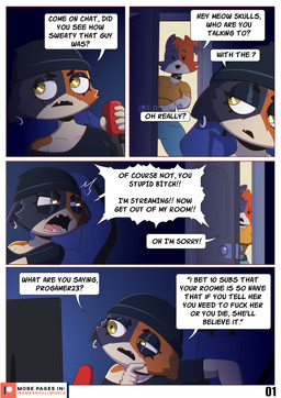 angry anthro beady_eyes chair clothed clothing dialogue ear_piercing ear_ring electronics female furniture gaming_chair imminent_incest monitor piercing profanity ring_piercing skullcap speech_bubble text yellow_eyes ike_marshall epic_games fortnite cate_meowdy meow_skulls calico_cat domestic_cat felid feline felis mammal comic english_text hi_res cousins_(lore)