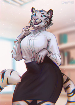 anthro black_bottomwear black_clothing black_markings blouse blue_eyes blurred_background bottomwear cheek_tuft claws clothed clothing facial_markings facial_tuft female front_view fur head_markings humanoid_hands inner_ear_fluff looking_at_viewer markings open_mouth open_smile pink_nose pink_tongue pupils skirt slit_pupils smile solo standing striped_body striped_markings striped_tail stripes tail tail_markings tongue topwear tuft whiskers white_body white_clothing white_fur white_inner_ear_fluff white_topwear lostgoose felid mammal pantherine tiger 2022 dated digital_media_(artwork) hi_res portrait signature three-quarter_portrait
