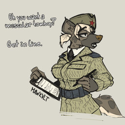 anthro army_beret army_hat army_uniform belt belt_buckle blonde_hair buckle clothing dialogue ears_up female hair hat headgear headwear holding_note_pad holding_notebook holding_object holding_pen military military_cap military_clothing military_hat military_jacket military_pants military_uniform necktie note_pad notebook open_mouth pen red_army russian simple_background solo soviet_union tail teeth teeth_showing text uniform mawkvlt hyena mammal 1:1 hi_res