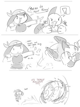 anthro breasts cleavage clothed clothing command dialogue duo exclamation_point female fin jumping mistake open_mouth rolling rollout elpatrixf nintendo pokemon marina_bay_(elpatrixf) may_(pokemon) amphibian generation_3_pokemon human mammal marshtomp pokemon_(species) comic hi_res monochrome sketch