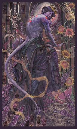 ambiguous_gender apple art_nouveau crown curled_horn detailed_background elaborate_clothing eye_symbol flower food fruit gold_(metal) grape headgear horn horn_jewelry jewelry looking_at_viewer melee_weapon melon orange_(fruit) ornate_furniture plant pointy_ears purple_body purple_skin red_eyes solo spade_tail star_symbol strawberry sunflower sword tail tassels tattoo watermelon watermelon_slice weapon wearing_crown kingcael critical_role humanoid tiefling english_description hi_res
