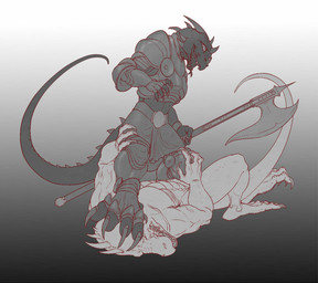 ambiguous_gender anthro armor axe claws clothing dominant duo feet fight foot_on_face horn nude open_mouth paws simple_background stomping tail toe_claws toes weapon kredri mythology dragon mythological_creature mythological_scalie scalie hi_res
