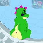 (?) anthro butt butt_focus male pool poolside rushed rushed_work smile smirk solo crookedcrow brawl_stars supercell_(company) buzz_(brawl_stars) dinosaur prehistoric_species reptile scalie 1:1 hi_res