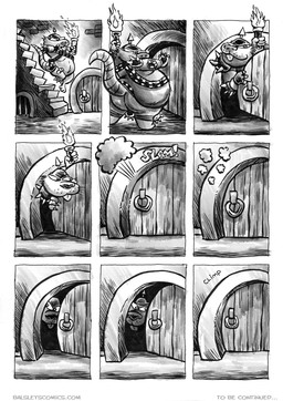 anthro armor belly big_belly biped butt headgear helmet male overweight overweight_male solo stairs torch walking jwbalsley boss_rat mammal murid murine rat rodent 2026 comic hi_res monochrome