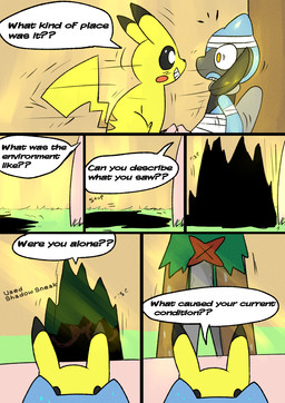 6_panel_comic ambiguous_gender anthro bandage black_eyes black_nose black_text blue_body bodily_fluids cheek_spots clenched_teeth dialogue exclamation_point grass group looking_at_another motion_lines open_mouth open_smile orange_eyes plant pupils question question_mark red_cheeks shadow sitting smile speech_bubble sweat sweatdrop tail talking_to_another teeth text trio white_pupils white_sclera yellow_body yellow_tail sawlamander nintendo pokemon pokemon_mystery_dungeon spike_chunsoft decidueye generation_1_pokemon generation_4_pokemon generation_7_pokemon pikachu pokemon_(species) riolu 2025 comic english_text hi_res male_(lore)