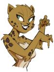 5_fingers anthro breasts brown_body brown_fur female fingers fur green_eyes lipstick looking_at_viewer makeup markings pose simple_background smile solo spots spotted_body spotted_fur white_background dbaru dc_comics justice_league cheetah_(dc) cheetah felid feline mammal 2018 digital_media_(artwork) portrait