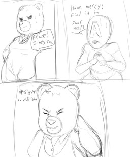anthro begging bodily_fluids clothed clothing dialogue duo eyes_closed female fully_clothed male onomatopoeia open_mouth sound_effects speech_bubble sweat text lcklust beneath_the_trees_where_nobody_sees anon samantha_strong bear human mammal 2025 comic english_text sketch