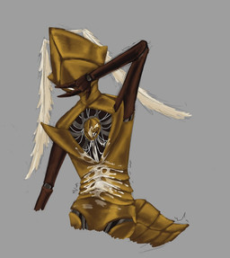 ambiguous_gender antennae_(anatomy) anthro arthropod_abdomen bodily_fluids covering covering_face cum cum_on_body genital_fluids gold_body machine metallic_body solo white_eyes wire cogheartflutters hollow_knight:_silksong hollow_knight_(franchise) team_cherry second_sentinel arthropod robot colored_sketch sketch