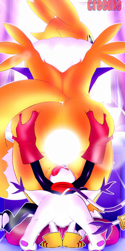 anthro biped bodily_fluids butt clothing female fingers fur genital_fluids gloves group handwear male male/female multicolored_body multicolored_fur oral oral_penetration pawpads penetration penile purple_body sex tail tongue tongue_out trio vaginal_fluids white_body white_fur white_tail yellow_body yellow_fur creedle bandai_namco digimon canid canine digimon_(species) felid feline fox gatomon humanoid imp impmon mammal renamon absurd_res censored hi_res