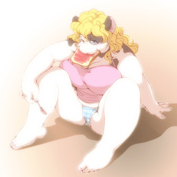 anthro blonde_hair blue_eyes bottomwear bread butt clothing female food hair kemono panties pattern_bottomwear pattern_clothing pattern_panties pattern_underwear solo striped_bottomwear striped_clothing striped_panties striped_underwear stripes toast underwear onda_seki bovid bovine cattle dairy_cattle holstein_friesian_cattle mammal 1:1