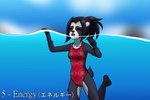 anthro black_body black_fur black_hair clothing female fur gasp hair katakana markings one-piece_swimsuit partially_submerged plaid ponytail red_clothing red_swimwear scut_tail sea short_tail solo swimming swimwear tail text water waterline_view white_markings uwdennis blizzard_entertainment sinktember sinktember_2024 warcraft li_li_stormstout bear giant_panda mammal pandaren 3:2 english_text japanese_text