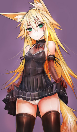 :< animal_ears black_legwear blonde_hair blush camel_toe dress female green_eyes haik hair hi_res long_hair looking_at_viewer original panties skirt skirt_lift solo taishi thigh_highs underwear
Rating: Questionable
Score: 17
User: AnacondaRifle
Date: March 15, 2013