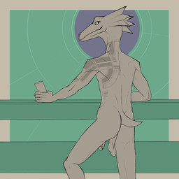 anthro backsack balls beverage butt frill_(anatomy) genitals green_balls green_body holding_beverage holding_object looking_at_viewer male monotone_body nude penis saggy_balls simple_background snout solo tail tattoo uneven_balls bullchicken lizard reptile scalie 1:1 2024 colored digital_drawing_(artwork) digital_media_(artwork) flat_colors hi_res portrait shaded three-quarter_portrait