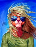 abstract_background anthro blonde_hair blue_background blue_sky border brown_body brown_fur clothed clothing day eyebrows eyewear front_view fully_clothed fur glasses glistening green_clothing green_shirt green_topwear hair hair_over_eye light lips long_hair looking_at_viewer male multicolored_body multicolored_fur obscured_eyes one_eye_obstructed orange_body orange_fur outside pink_nose red_nose shirt simple_background sky smile solo sunglasses t-shirt tan_body tan_fur teeth topwear two_tone_body two_tone_fur white_body white_border white_fur zaverose canid canine cougar felid feline fox lion mammal pantherine absurd_res bust_portrait colored digital_media_(artwork) half-length_portrait headshot_portrait hi_res huge_filesize marker_(artwork) portrait shaded signature traditional_media_(artwork)