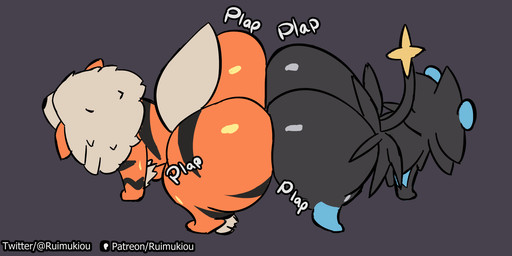 animal_genitalia animated_gif anthro balls big_butt black_body blue_body butt clapping clothed clothing duo erection femboy feral fur genitals group huge_butt huge_thighs humanoid_genitalia male male/male nude orange_body penis sex simple_background tail thick_thighs ruimu_kiou mythology nintendo pokemon arcanine canid canine felid feline felis generation_1_pokemon generation_4_pokemon luxray mammal mythological_creature pokemon_(species) 2:1 animated hi_res short_playtime