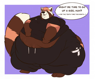 anthro belly big_belly brown_body brown_fur clothed clothing clothing_pull dialogue double_chin fur male markings moobs morbidly_obese morbidly_obese_anthro morbidly_obese_male obese obese_anthro obese_male open_mouth open_smile orange_body orange_fur overweight overweight_anthro overweight_male ring_(marking) ringed_tail shirt shirt_pull smile solo speech_bubble squish stretch_marks striped_markings striped_tail stripes tail tail_markings text thick_thighs topwear topwear_pull white_body white_fur wide_hips reppu ailurid mammal red_panda english_text hi_res