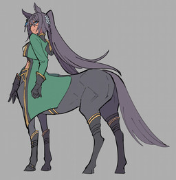 animal_ears black_clothing black_gloves black_hair black_handwear blue_eyes breasts clothed clothed_female clothed_taur clothing dark_body dark_skin female gloves green_clothing green_jacket green_topwear grey_background hair handwear jacket ponytail simple_background solo tail taur_clothing taurified topwear takatsuki_nato cygames european_mythology greek_mythology mythology uma_musume_pretty_derby symboli_kris_s_(pretty_derby) centaur equid equid_taur humanoid_taur mammal mammal_taur taur full-length_portrait hi_res portrait