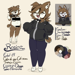 big_breasts big_butt breasts butt clothing collar eyelashes female freckled_breasts freckled_face freckles long_eyelashes nude piercing solo sweater topwear luyx_55 rosie_the_doggie canid canine canis domestic_dog humanoid mammal censored model_sheet