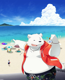 anthro beach black_nose clothed clothing detailed_background fur group hoodie kemono male one_eye_closed open_clothing open_hoodie open_topwear outside overweight overweight_male seaside sitting solo_focus swimwear topwear water white_body white_fur wink zuppu11 bear canid canine mammal polar_bear ursine 2015 hi_res