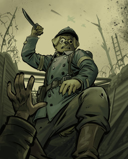 anthro armor army_uniform bared_teeth clothing ears_down france glare googly_eyes headgear helmet holding_knife holding_object knife military_uniform outside pivoted_ears pov_hands sharp_teeth stab teeth trench uniform violence war wearing_helmet world_war_1 angusburgers foxhole:_persistant_online_warfare bird_dog canid canine canis domestic_dog golden_retriever hunting_dog mammal retriever absurd_res hi_res