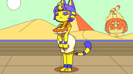 3_toes anthro big_breasts blue_body blue_eyes blue_fur blue_hair breasts cleavage clothed clothing dress egyptian egyptian_clothing feet female fingers flexible front_view fur genitals hair hand_on_leg headdress heart_pubes heart_symbol leg_grab looking_at_viewer markings multicolored_body multicolored_fur one_leg_up pawpads pink_pawpads pubes pyramid raised_leg sand shadow solo splits spread_legs spreading standing striped_markings striped_tail stripes stylized_pubes sun tail tail_markings toes uraeus vertical_splits vulva yellow_body yellow_fur thebombshell5 animal_crossing nintendo ankha_(animal_crossing) domestic_cat felid feline felis mammal 16:9 2022 2d_animation animated digital_media_(artwork) hi_res widescreen