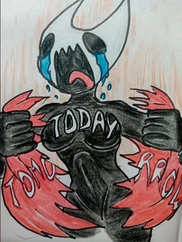 anthro bodily_fluids body_writing breasts clothing crying female nude_anthro solo streaking tears text text_on_clothing torn_clothing writing_on_breasts yelling kjplayer hollow_knight:_silksong hollow_knight_(franchise) team_cherry hornet_(hollow_knight) arthropod english_text meme traditional_media_(artwork)