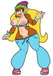 anthro banana big_breasts blonde_hair blue_eyes breasts clothed clothing ear_piercing ear_ring female food fruit fur hair hat headgear headwear hoop_ear_ring long_hair nipples open_mouth piercing plant ring_piercing simple_background smile solo standing thick_thighs tongue tongue_out undressing white_background wide_hips tryfag donkey_kong_(series) nintendo tiny_kong ape haplorhine kong mammal monkey primate