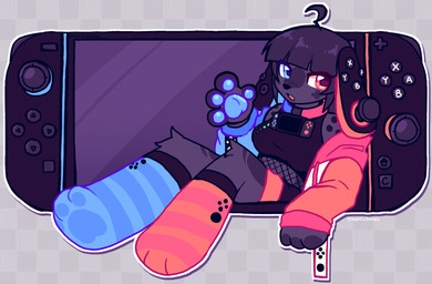 4_fingers ahoge anthro bangs black_body black_clothing black_crop_top black_fur black_hair black_nose black_shirt black_topwear blue_eyes blue_pawpads bottomwear clothed clothing collar crop_top female fingers fishnet_clothing fishnet_topwear fur hair heterochromia legwear open_clothing open_mouth open_topwear pattern_clothing pattern_legwear pattern_stockings pawpads red_eyes shirt shorts solo stockings striped_clothing striped_legwear striped_stockings stripes topwear kingsillysmilez nintendo nintendo_switch_2 canid canine canis domestic_dog mammal 2025 colored digital_drawing_(artwork) digital_media_(artwork) hi_res