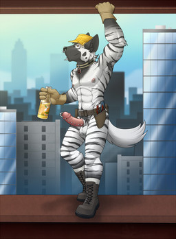 5_fingers abs anthro armor armpit_hair balls belt beverage biceps biped black_body black_fur black_nose black_stripes body_hair boots bottle building city clothing collar construction construction_worker container day detailed_background erection facial_piercing fingers footwear frenum_ladder frenum_piercing front_view fur genital_piercing genitals glans hard_hat headgear helmet holding_bottle holding_container holding_object humanoid_genitalia humanoid_hands humanoid_penis inner_ear_fluff ladder_piercing lip_piercing looking_at_viewer male mostly_nude multicolored_body multicolored_fur muscular muscular_anthro muscular_male nipple_piercing nipples nose_piercing nose_ring outside pecs penis penis_piercing piercing pink_nipples pink_penis prince_albert_piercing pubes raised_arm ring_piercing septum_piercing shoes sky smile smirk solo standing striped_body striped_fur stripes tail tuft two_tone_body two_tone_fur utility_belt white_balls white_body white_fur white_tail worker stonecircle laszlo_(stripeyyena) hyena mammal striped_hyena 2017 digital_media_(artwork) full-length_portrait hi_res portrait